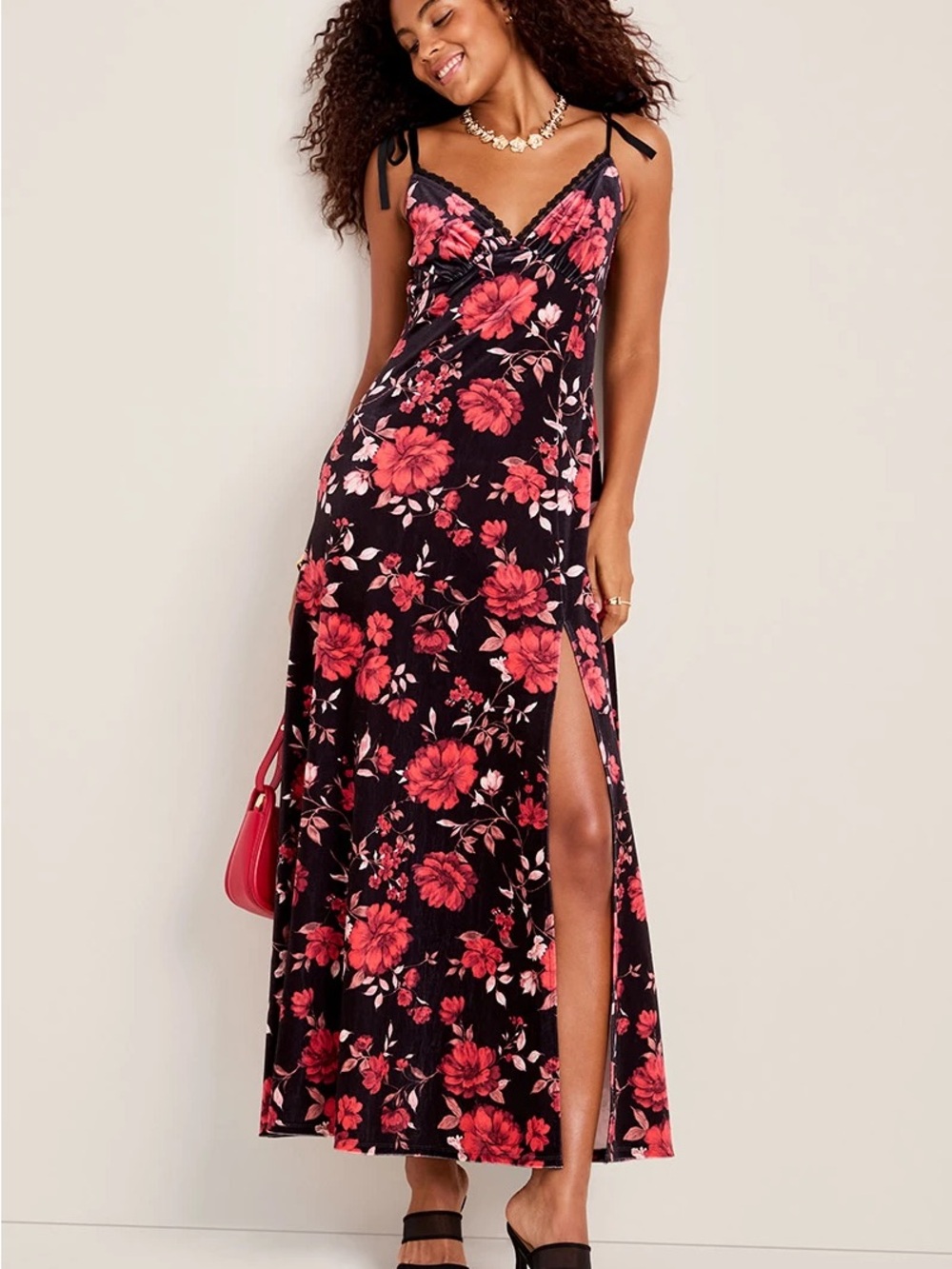 Francesca's Collections Black Maxi Slip Dress with Red Floral Print